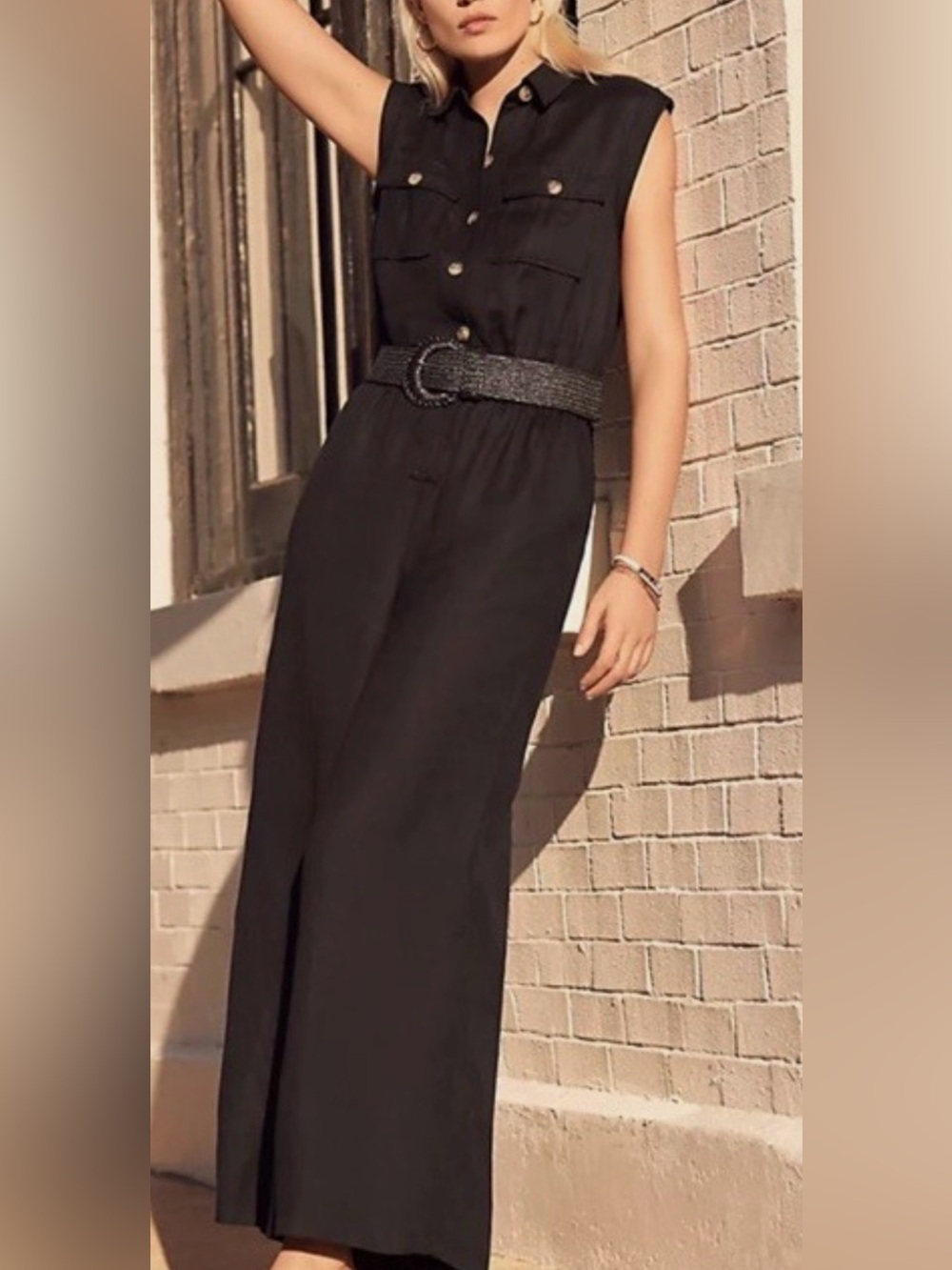 LOFT Black Sleeveless Button-Front Wide-Leg Jumpsuit